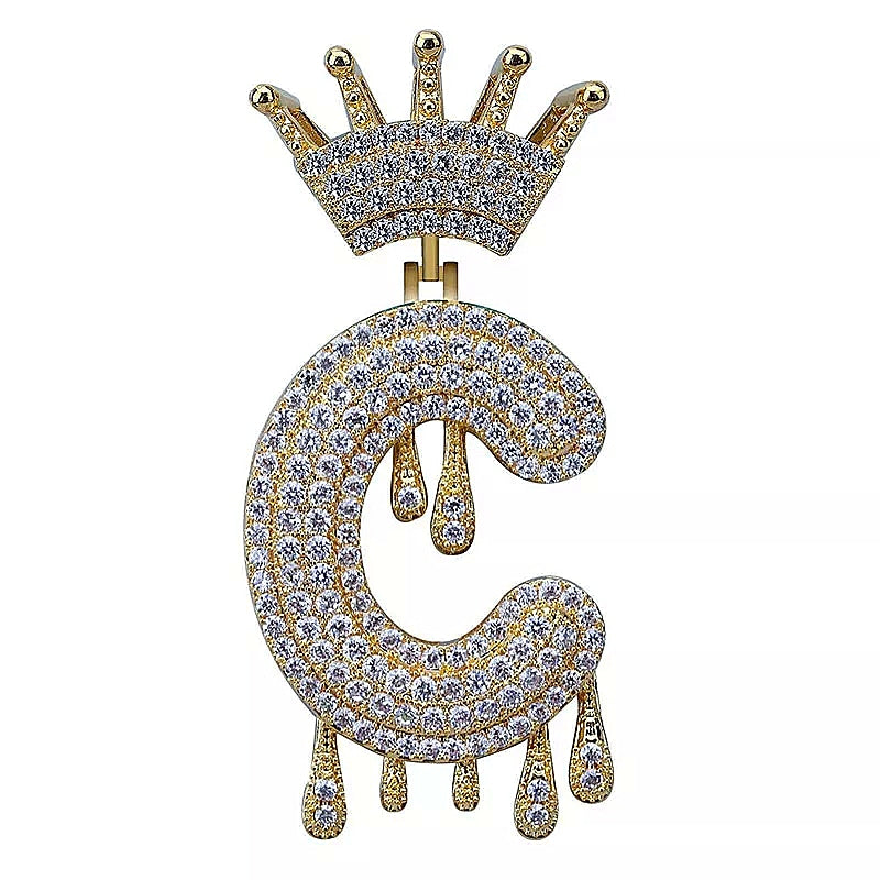 Gold Drippy Crown Initial Pendant + Diamond Design